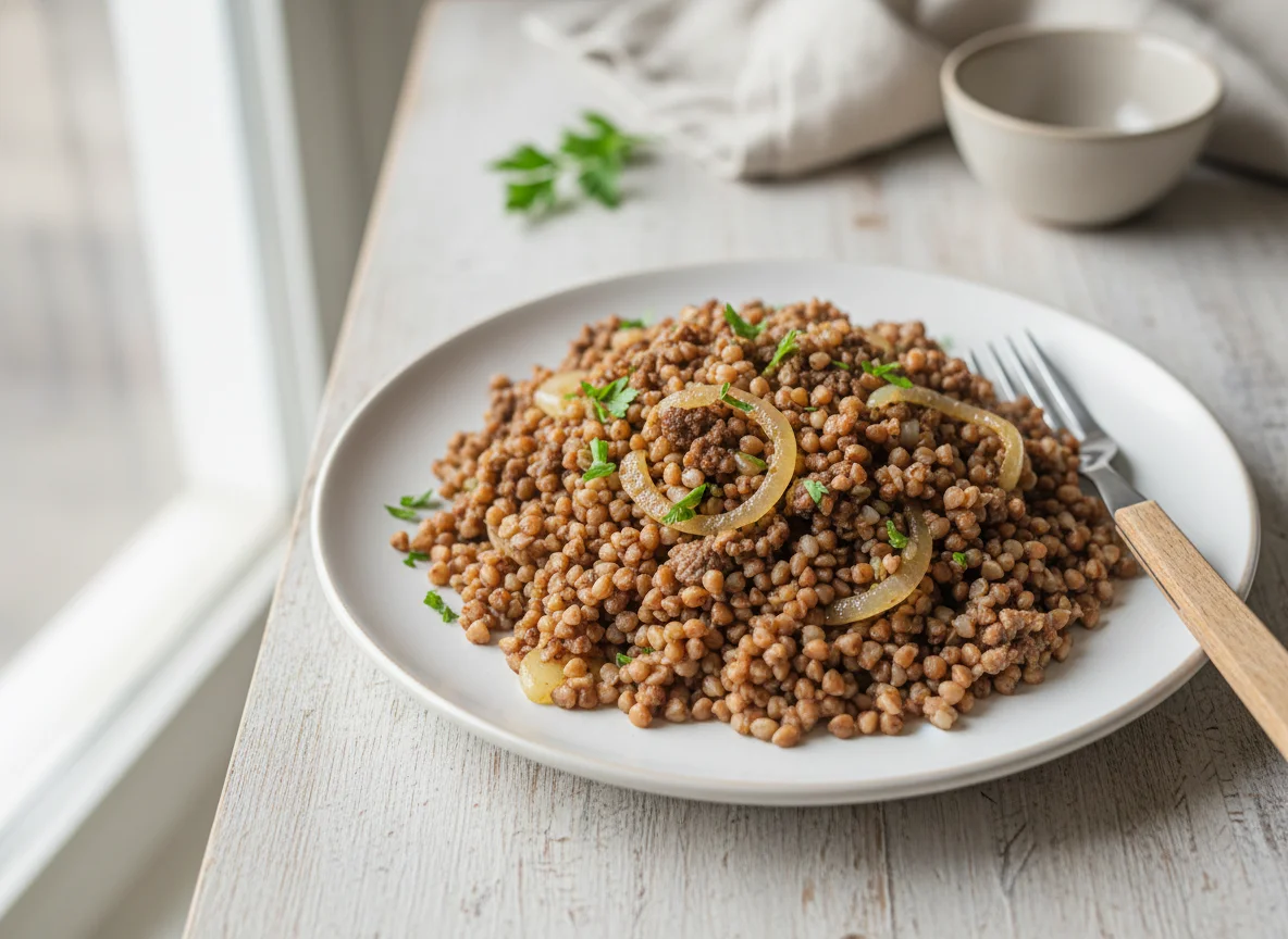 Buckwheat with Ground Meat and Onions photo
