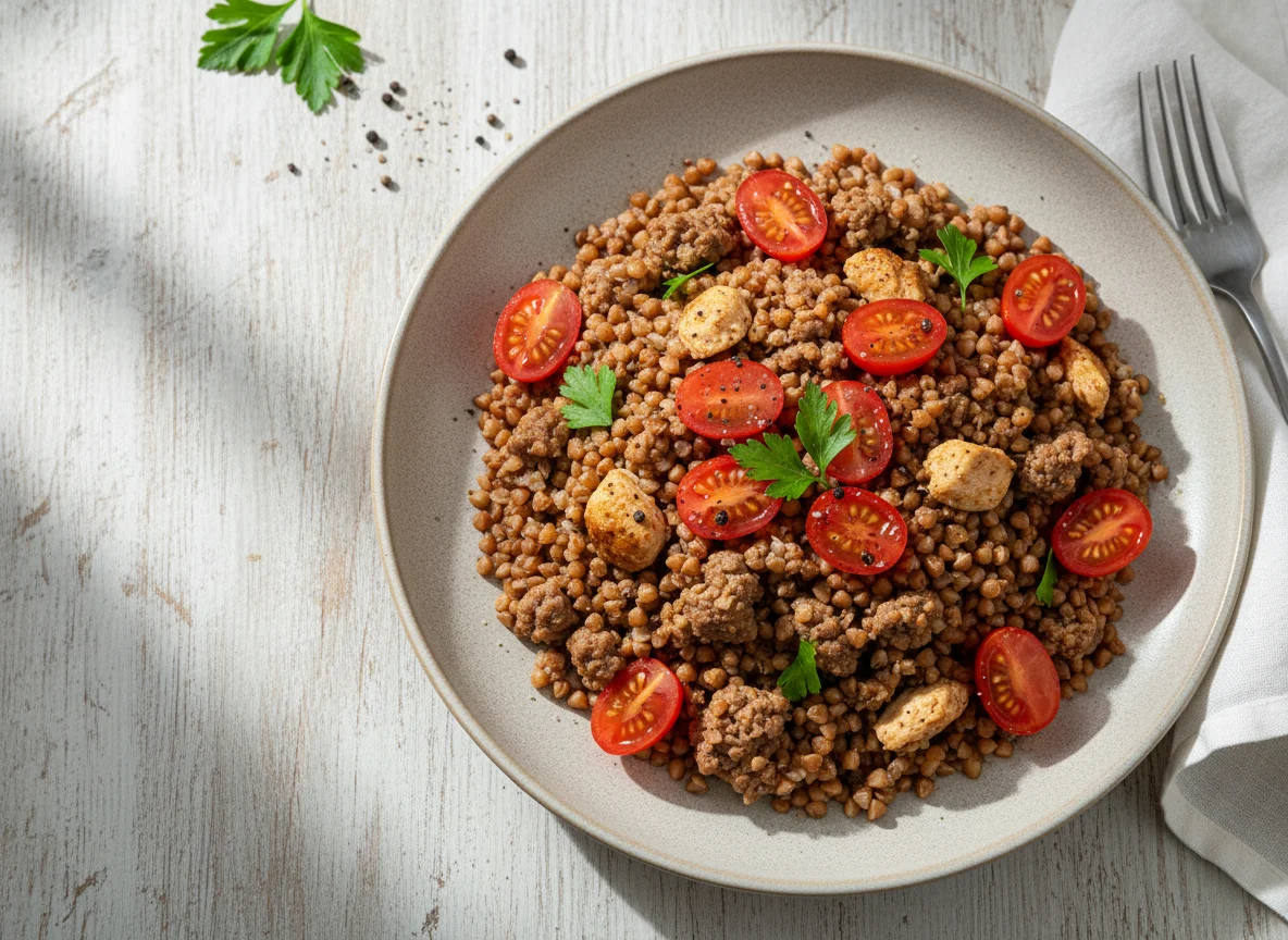 Buckwheat with meat and sliced tomatoes photo