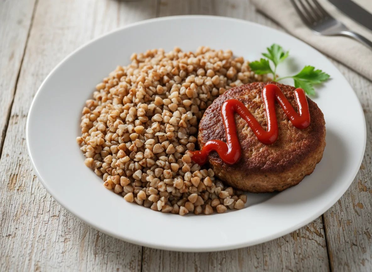Buckwheat with meat patty and ketchup photo