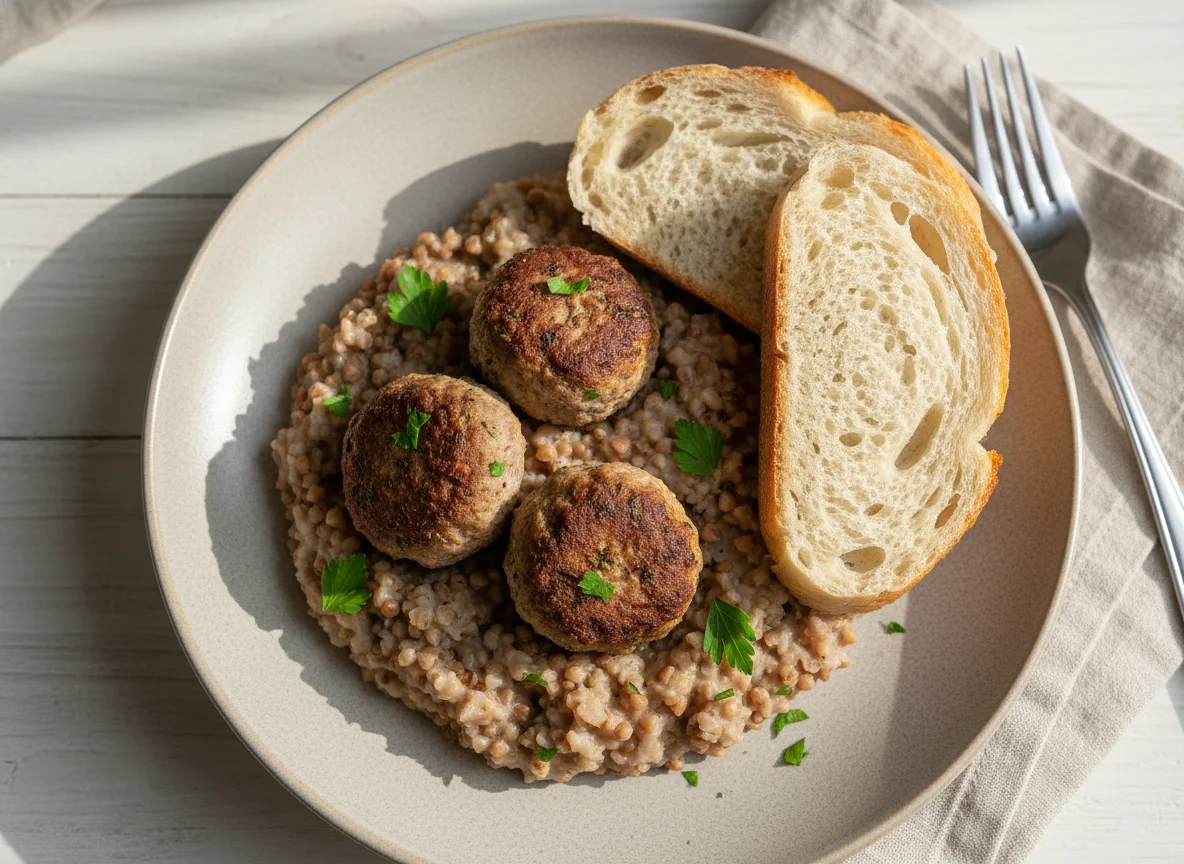 Buckwheat with meatballs and bread photo