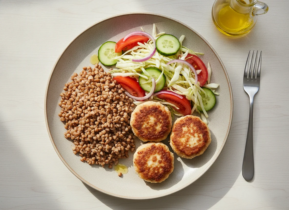 Buckwheat with meatballs and fresh vegetable salad photo