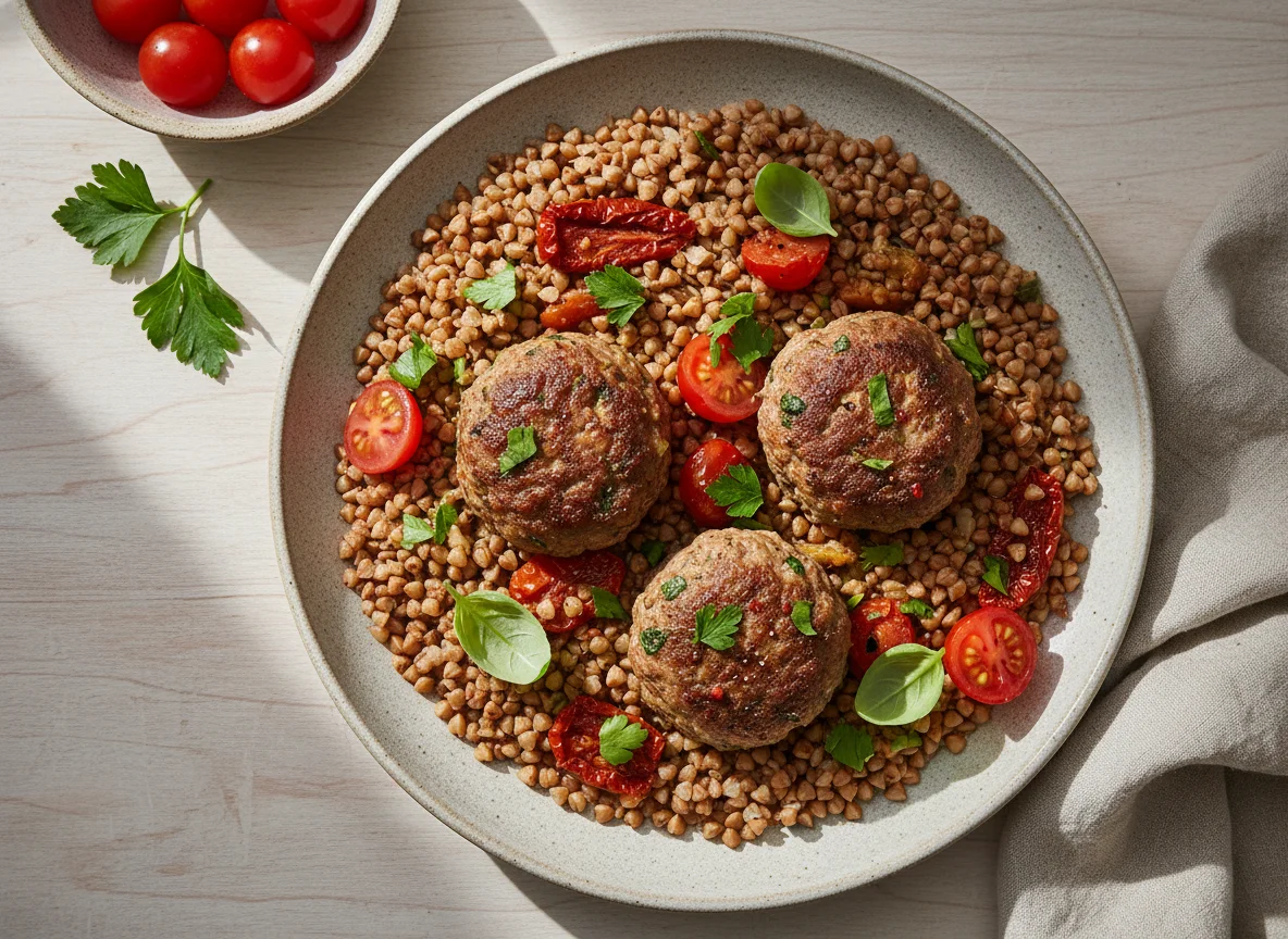 Buckwheat with meatballs and tomatoes photo
