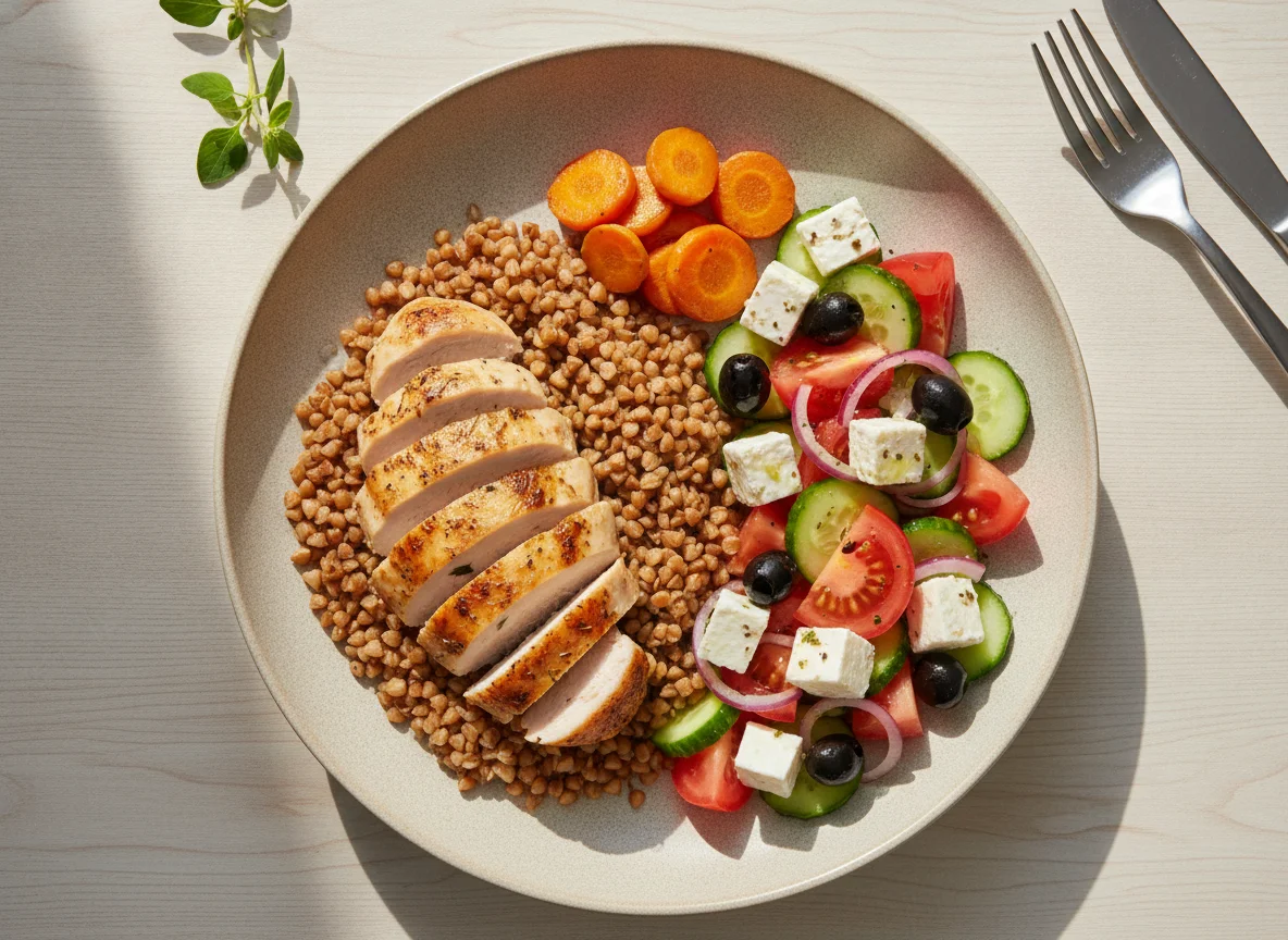 Buckwheat with roasted chicken and Greek salad photo