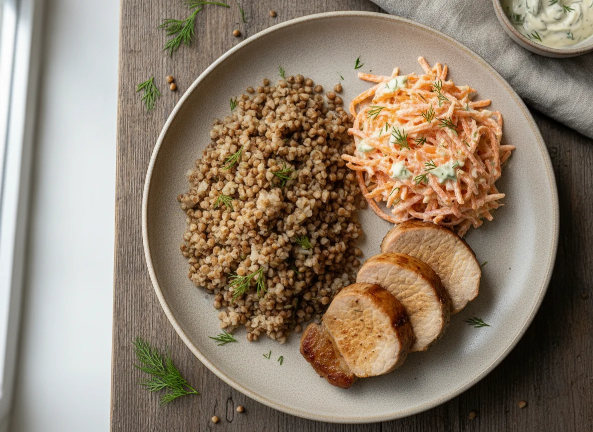 Buckwheat with roasted pork and carrot salad photo