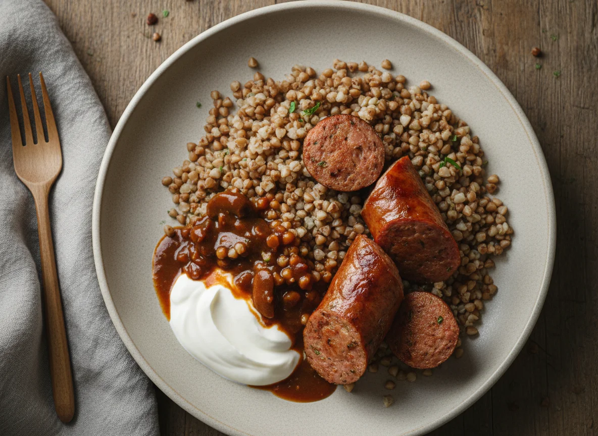 Buckwheat with Sausage and Sauce photo