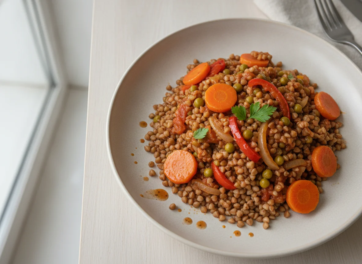 Buckwheat with vegetable stew photo