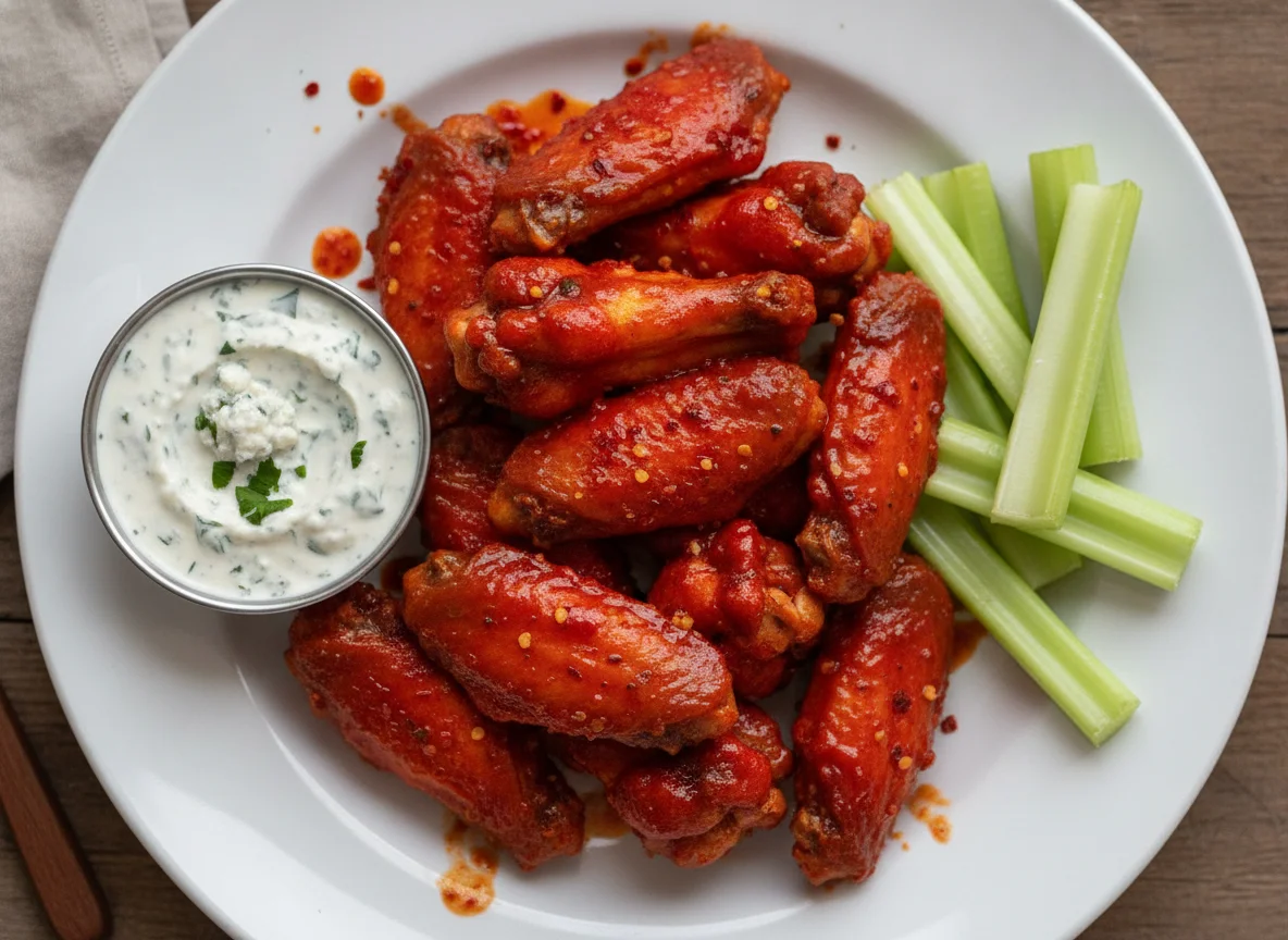 Buffalo Chicken Wings with Celery and Blue Cheese Dip photo
