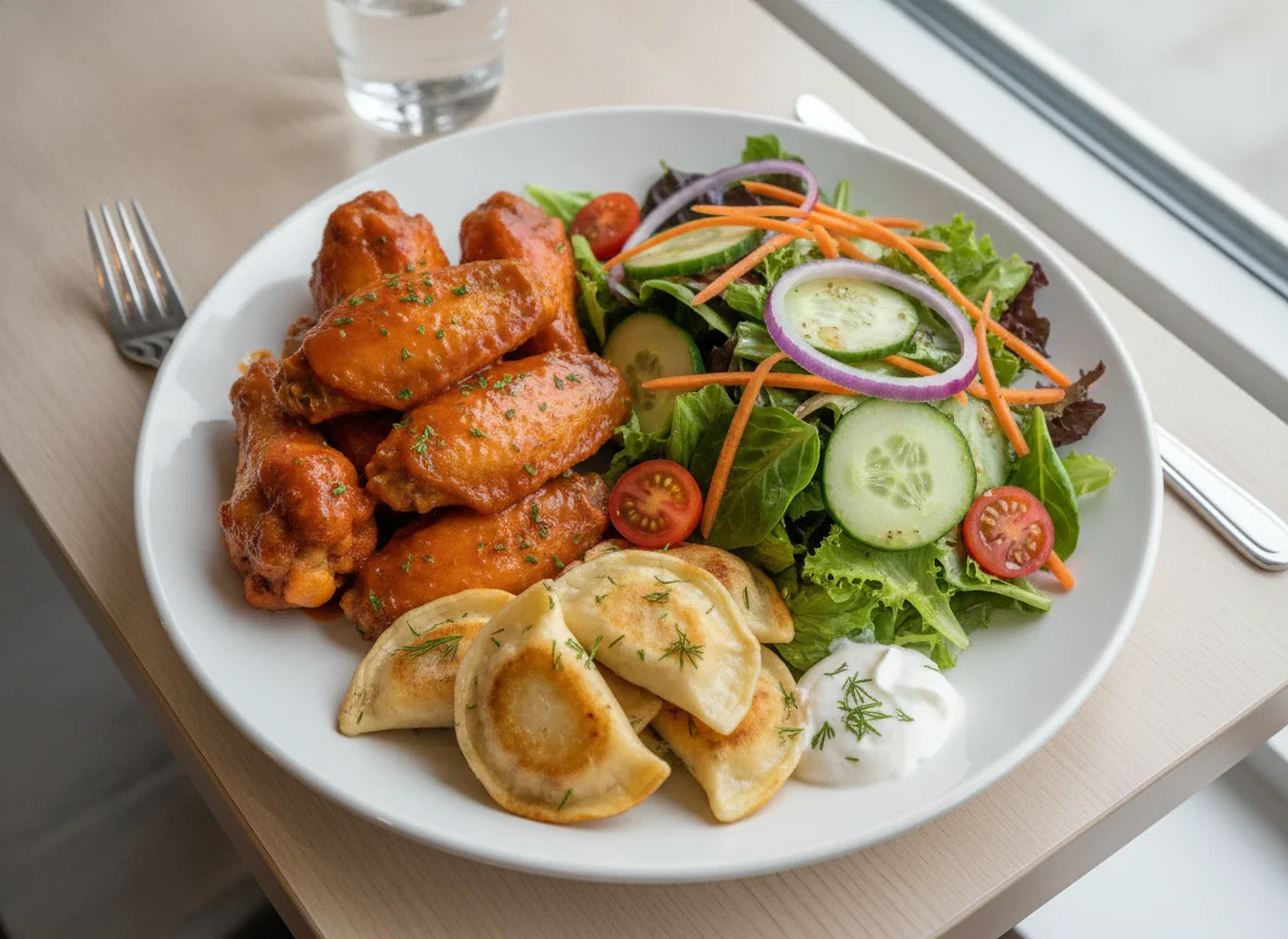 Buffalo Wings with Garden Salad and Perogy photo