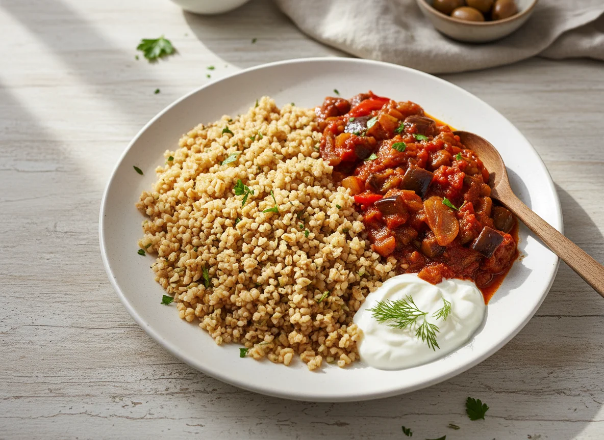Bulgur Pilaf with Vegetable Stew and Yogurt photo