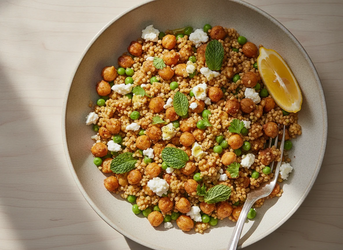 Bulgur salad with chickpeas and peas photo