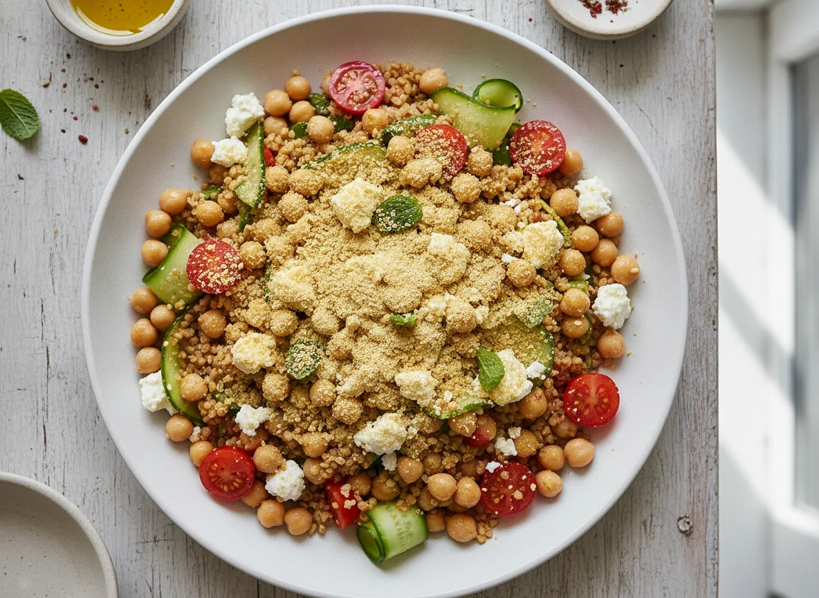Bulgur salad with chickpeas, feta, and yeast flakes photo