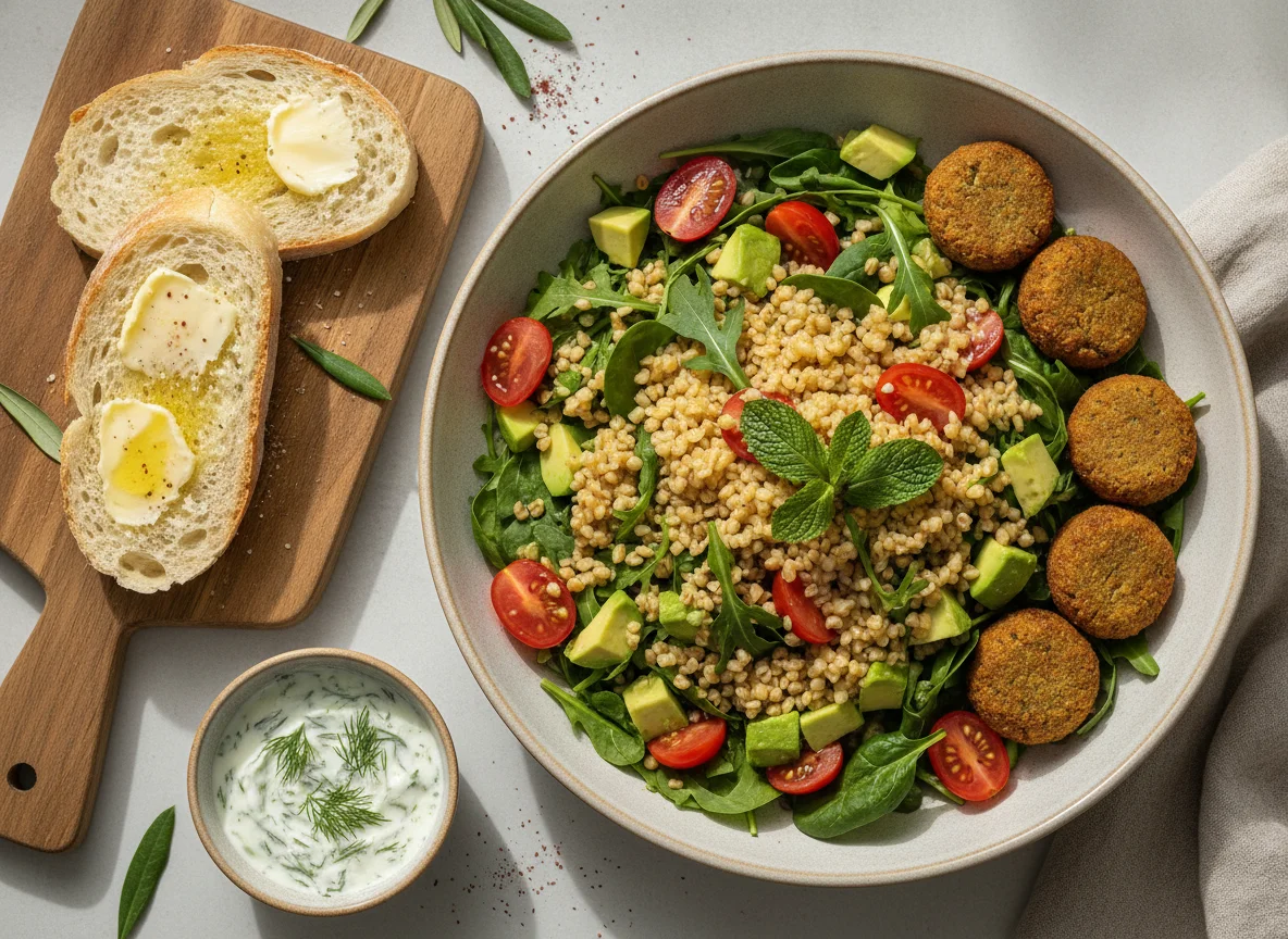 Bulgur salad with falafel, bread and herb sauce photo