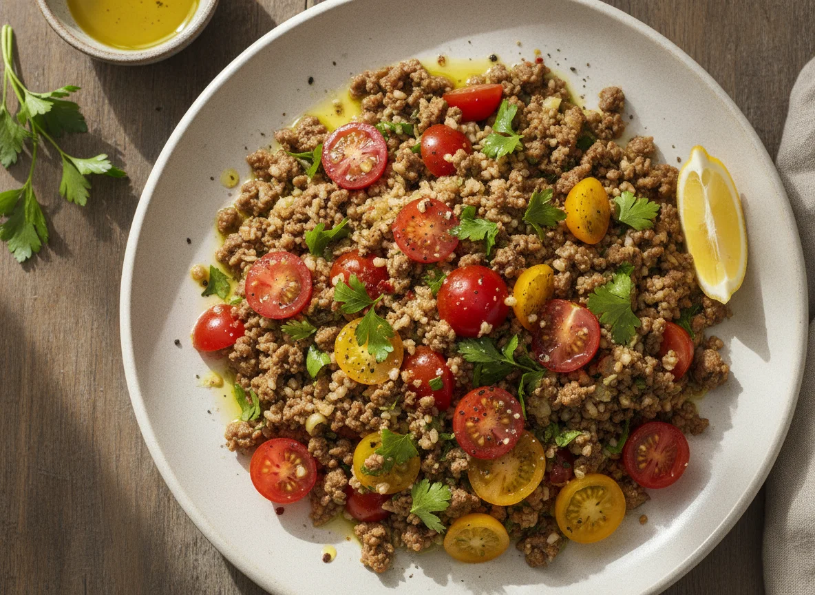 Bulgur wheat salad with minced beef and tomatoes photo