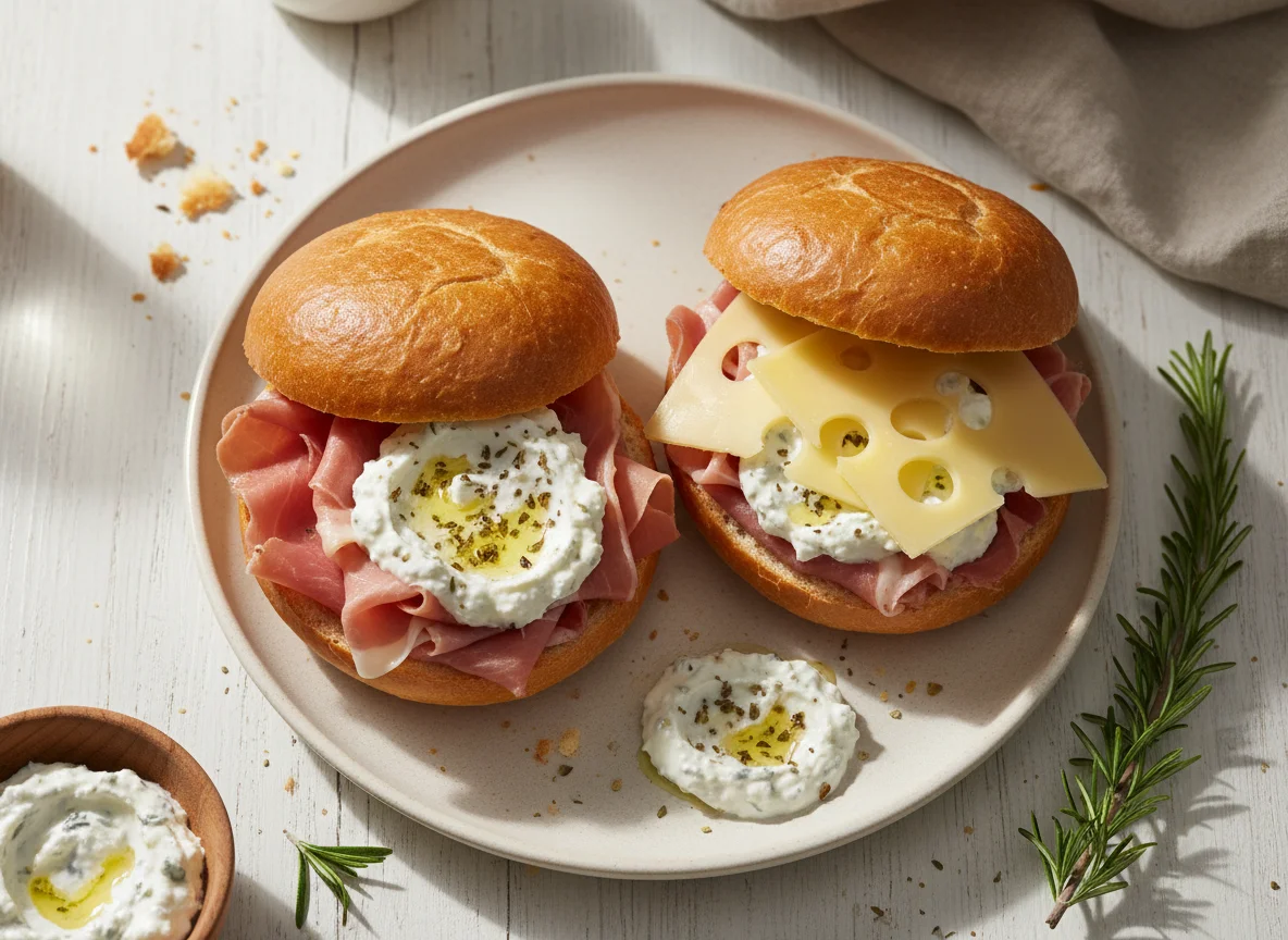 Bun halves with ham, cheese, and feta dip photo