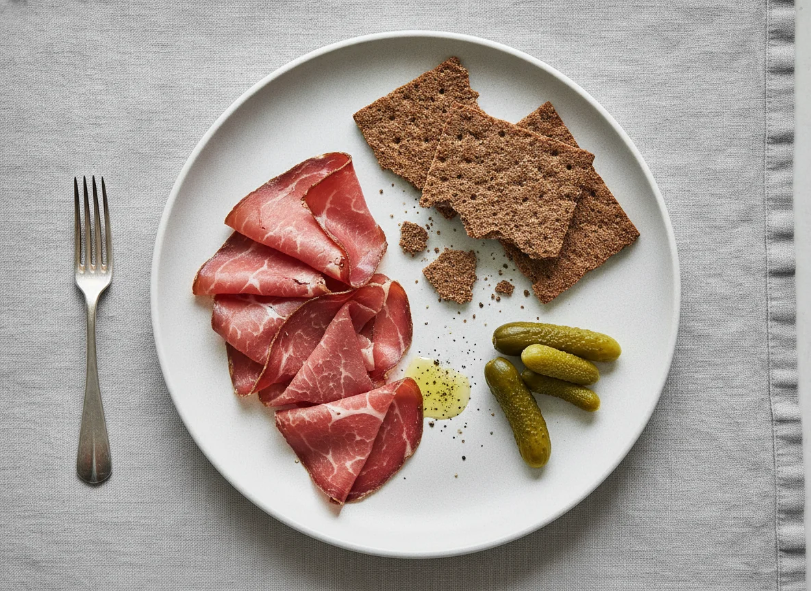 Bündnerfleisch with crispbread and pickles photo