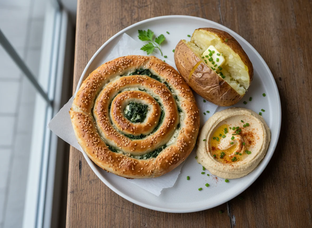 Burek with baked potato and hummus photo