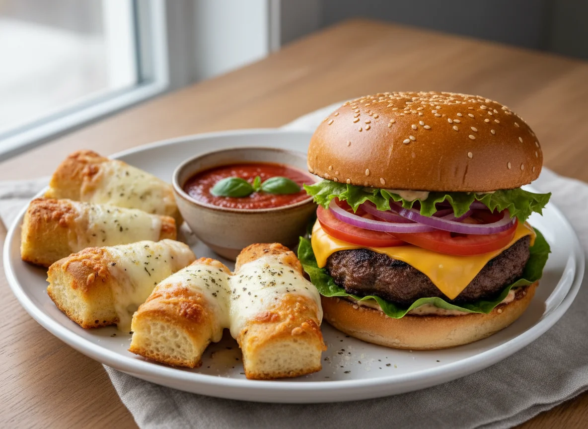 Burger and Cheesy Breadsticks with Dipping Sauce photo