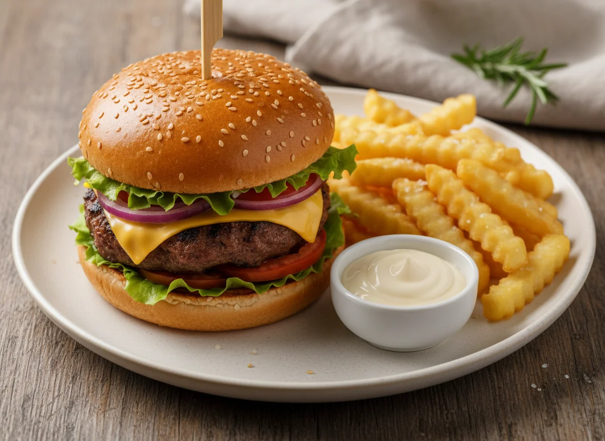 Burger and Chips with Mayonnaise photo