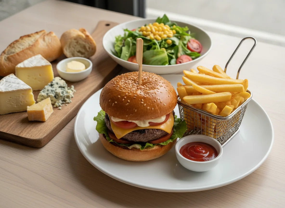Burger and Fries Meal with Cheese Plate and Side Salad photo