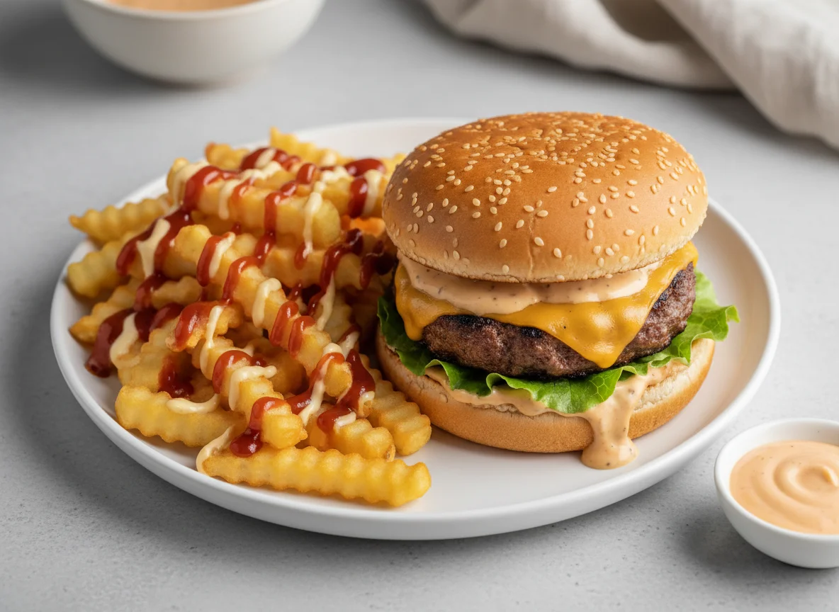 Burger and Fries with Sauce photo