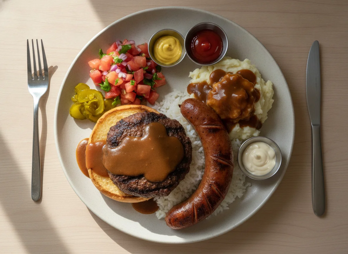Burger and Sausage Platter with Rice and Mashed Potatoes photo