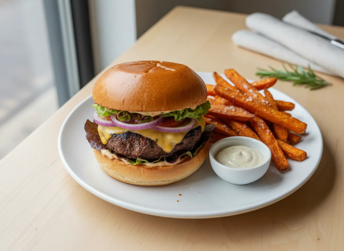 Burger and Sweet Potato Fries photo