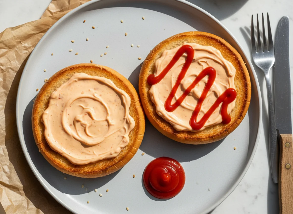 Burger bun halves with sauces photo