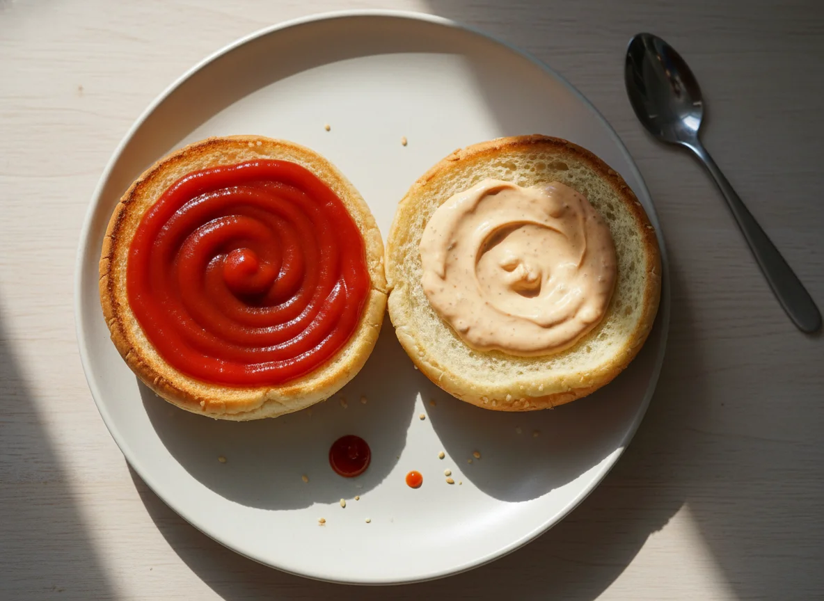 Burger Buns with Ketchup and Sauce photo