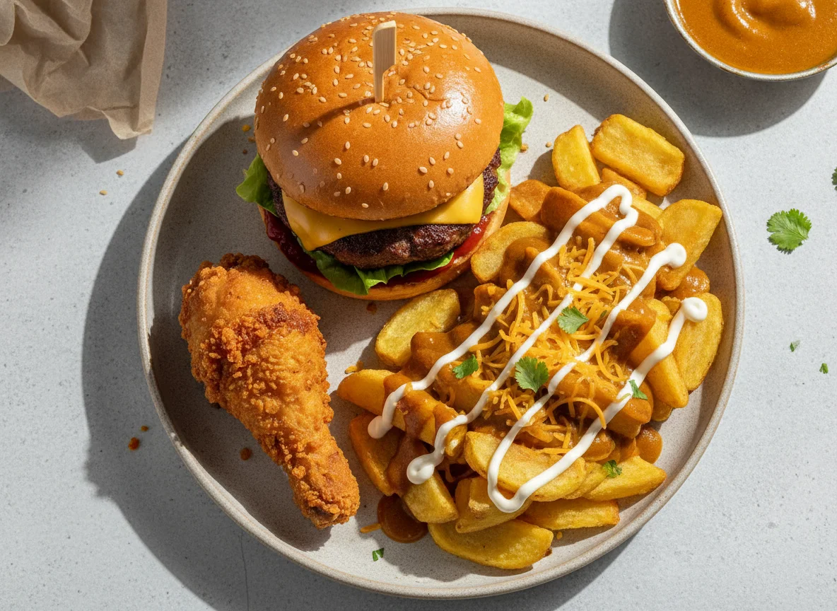 Burger, Fried Chicken and Cheesy Curry Chips photo