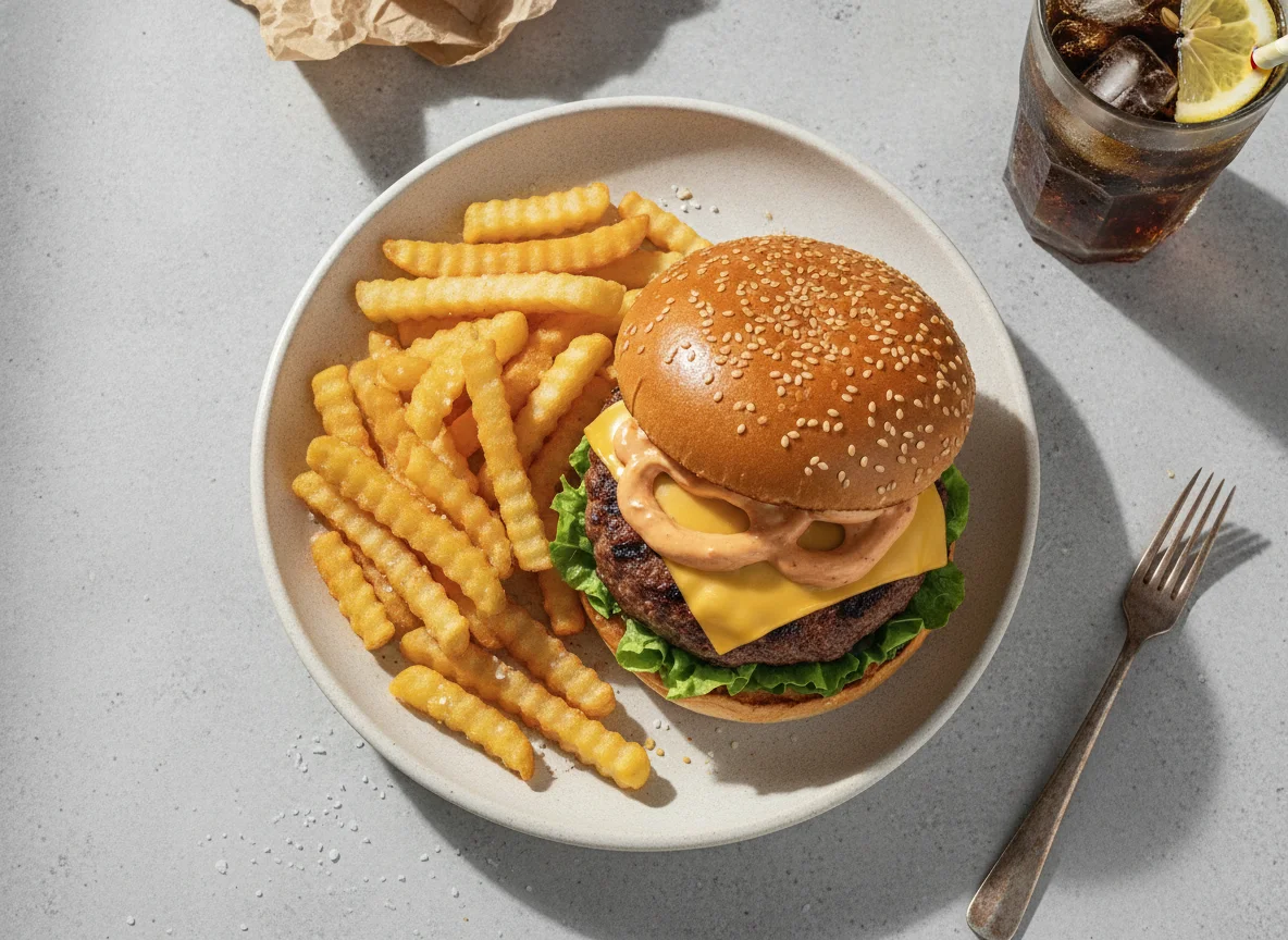 Burger meal with fries and cola photo