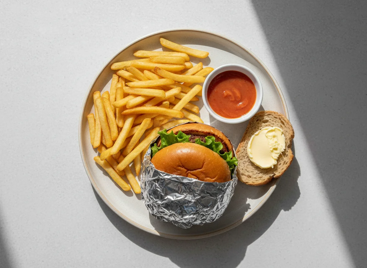 Burger meal with fries, bread, and sauce photo