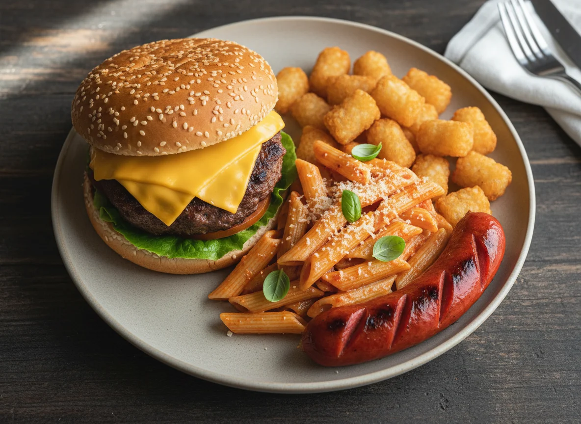 Burger, Pasta, Tater Tots, and Red Sausage Meal photo