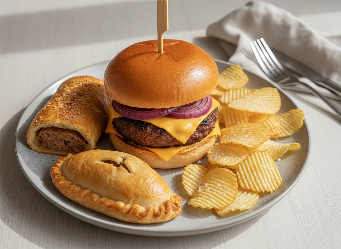 Burger, pastry and crisps meal photo