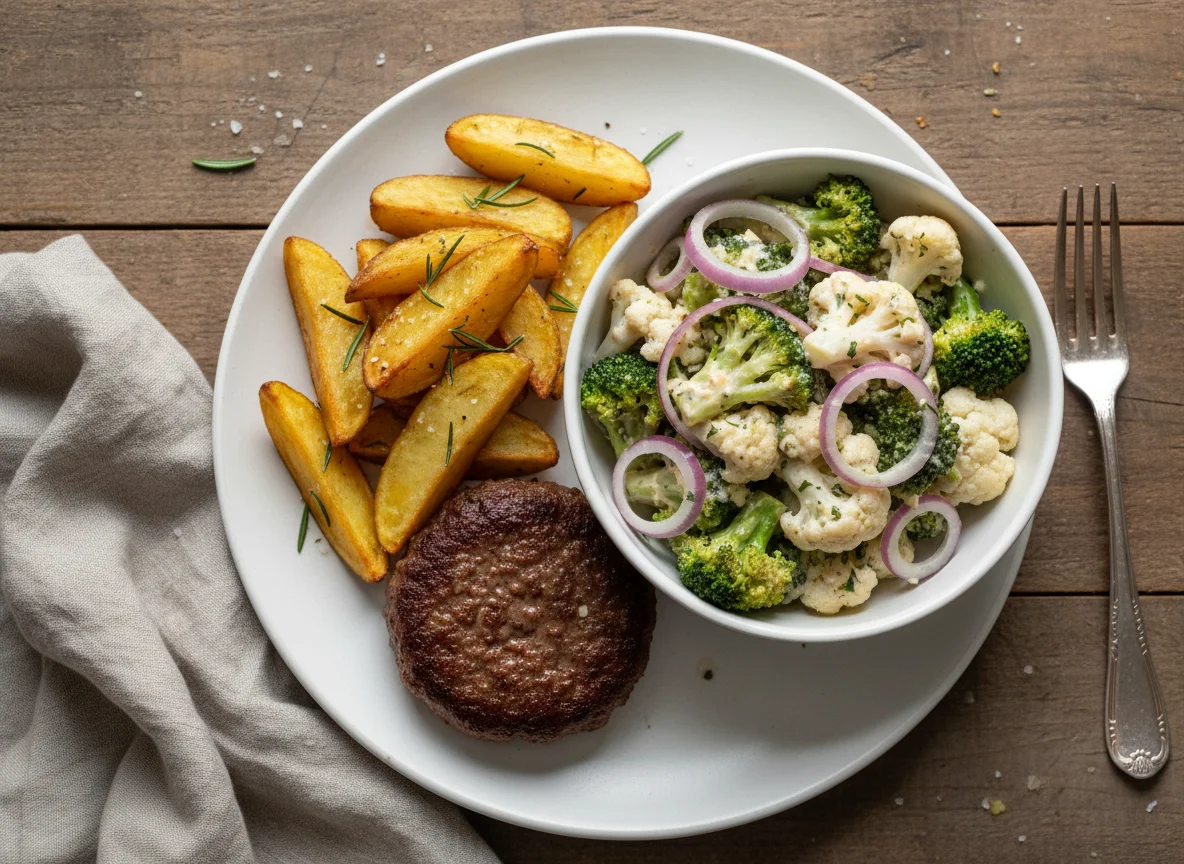 Burger patty with potato wedges and creamy broccoli cauliflower salad photo