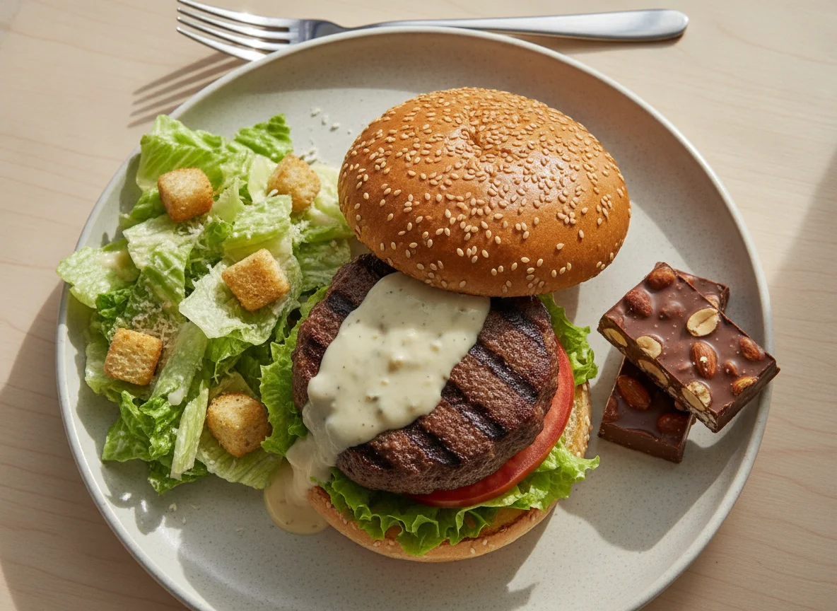 Burger with Caesar Salad and Chocolate Bar photo