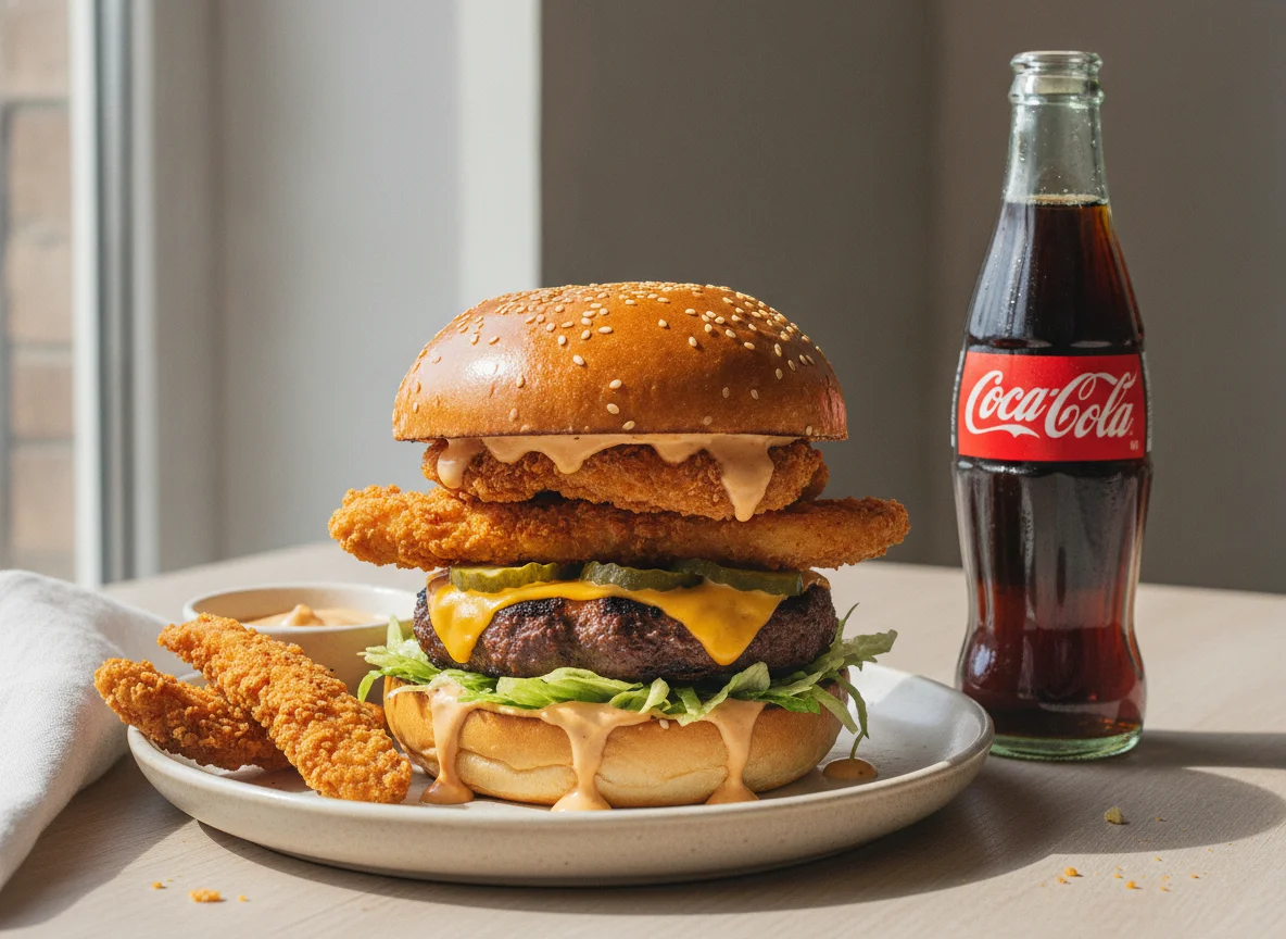 Burger with Fried Chicken and Coca-Cola photo