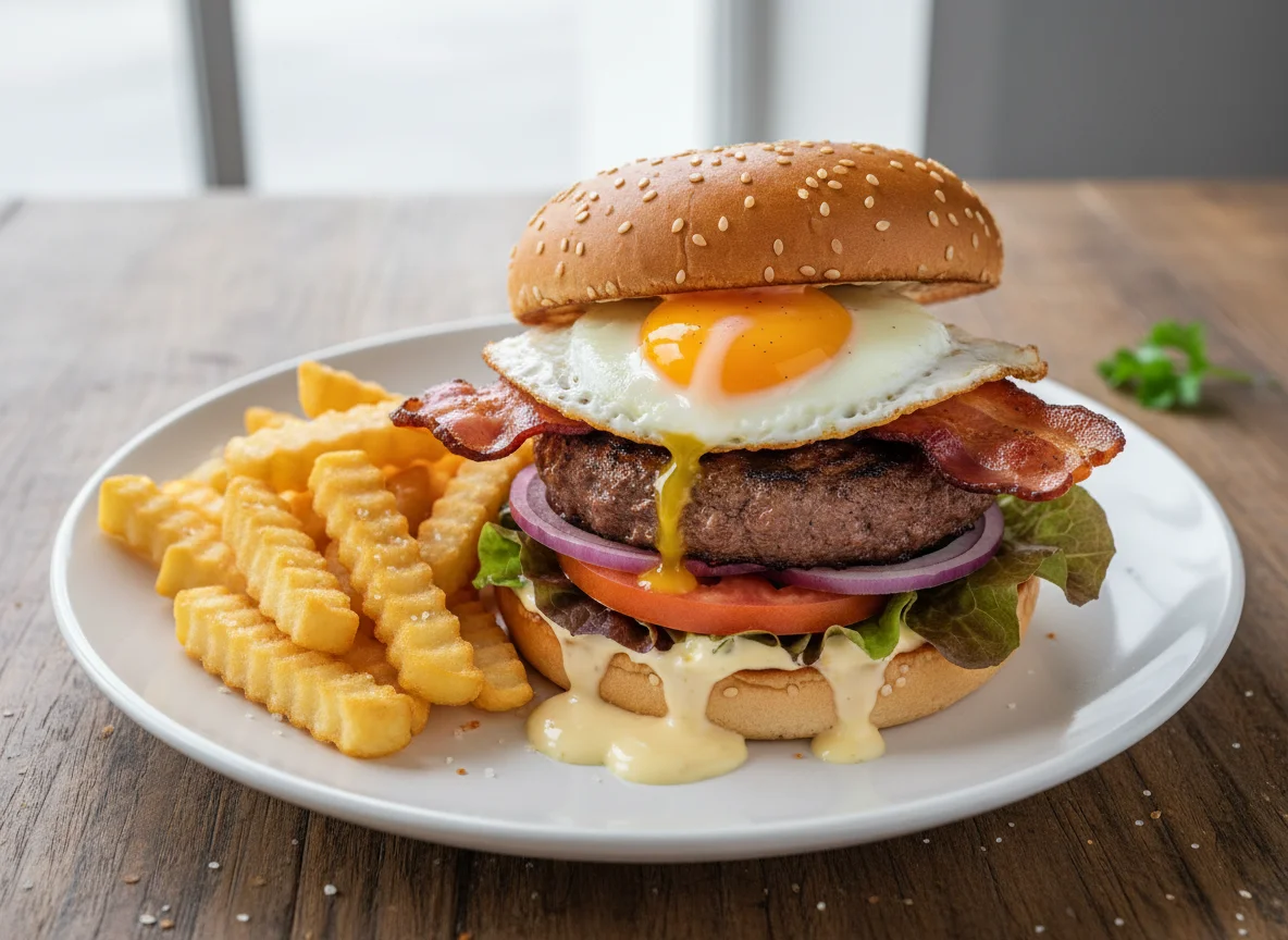 Burger with fried egg and fries photo
