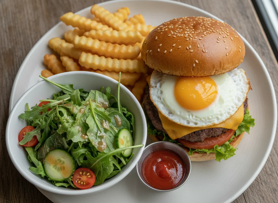 Burger with Fried Egg, Fries and Side Salad photo