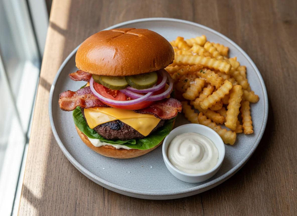 Burger with fries and aioli photo