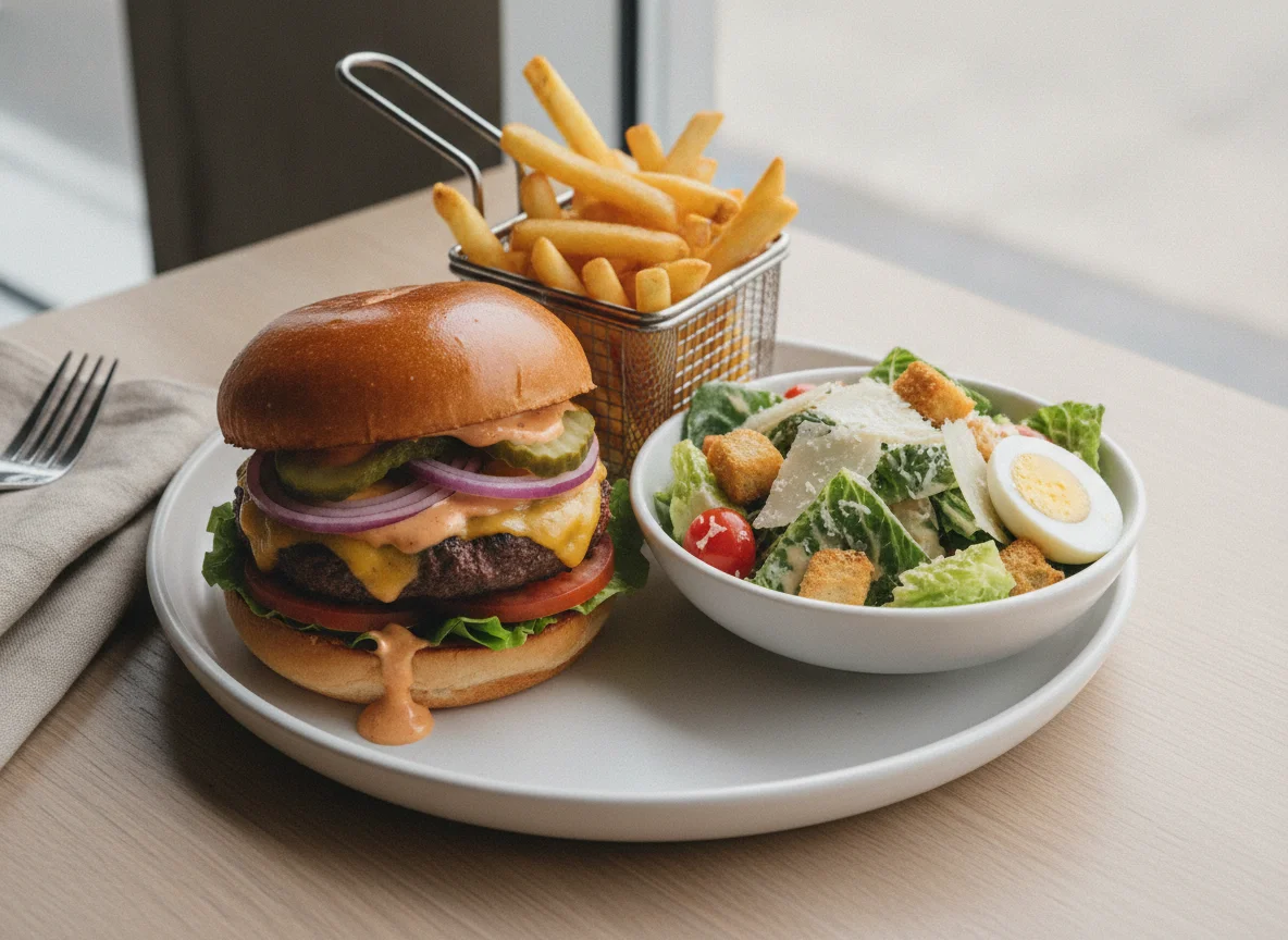 Burger with Fries and Caesar Salad photo
