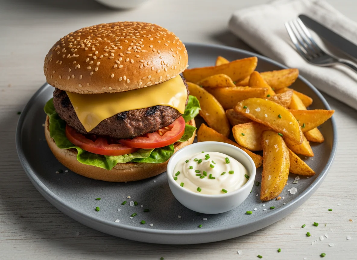 Burger with fries and dipping sauce photo