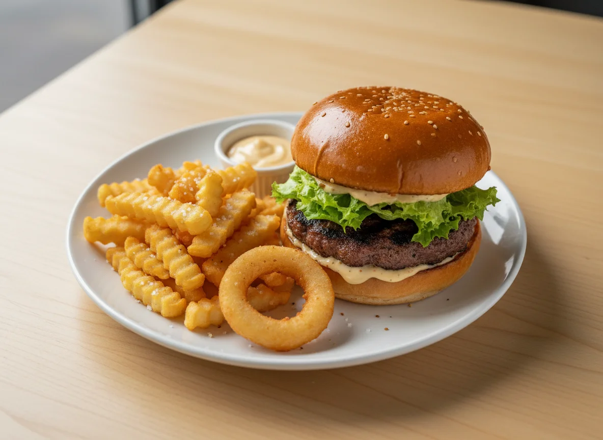 Burger with Fries and Onion Ring photo