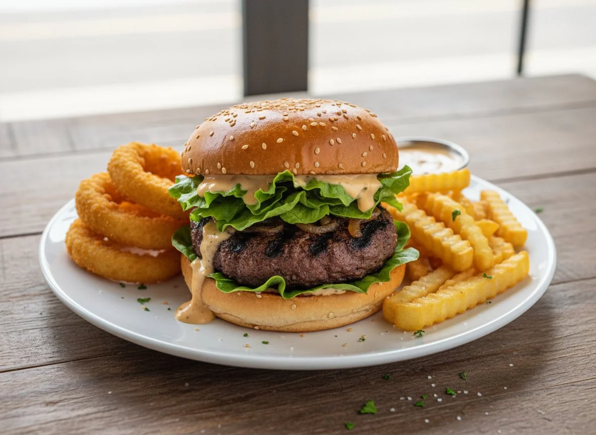 Burger with fries and onion rings photo