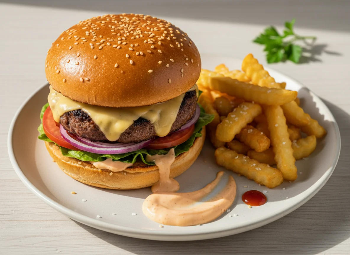 Burger with Fries and Sauce photo