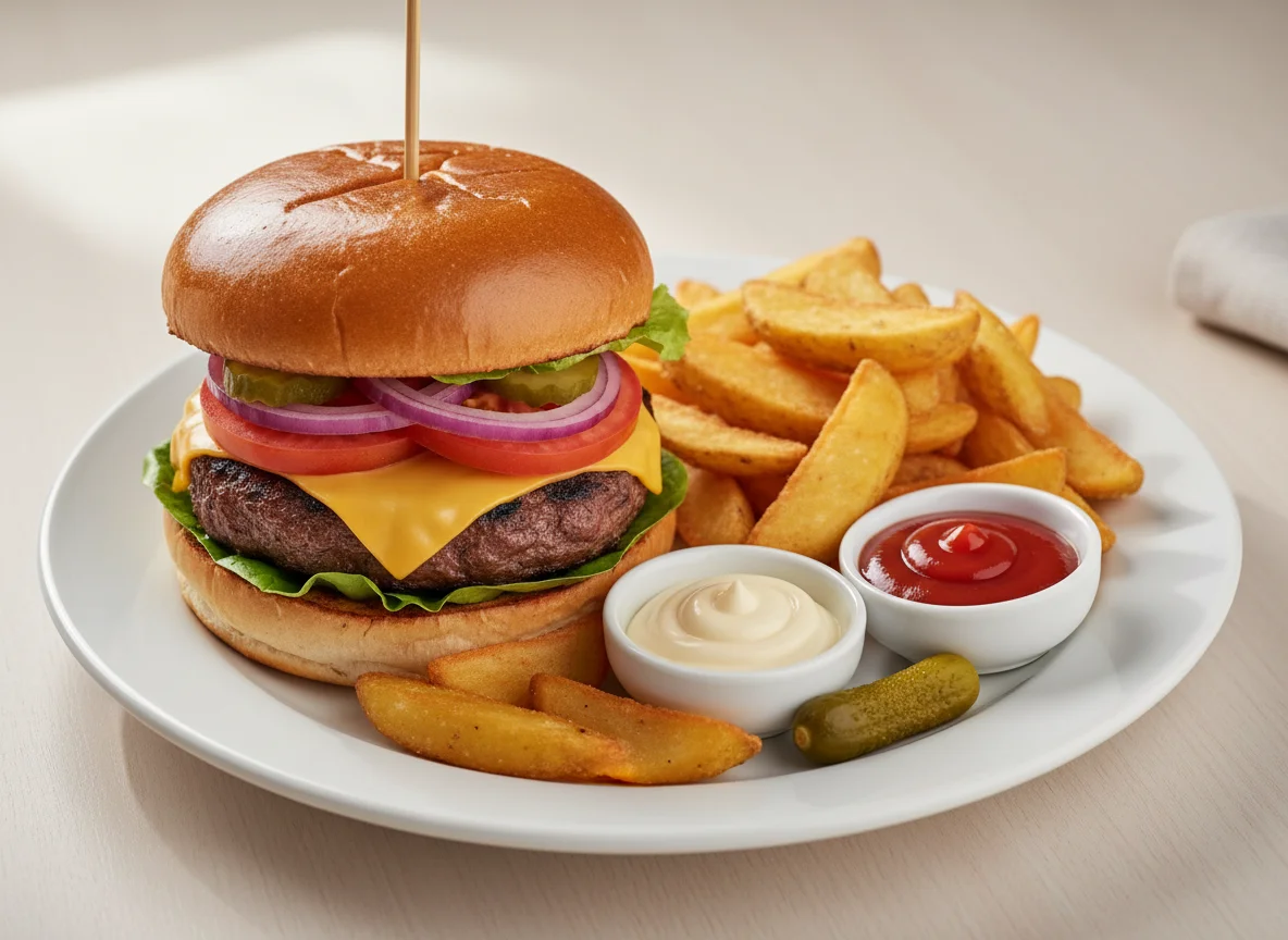 Burger with fries and sauces photo