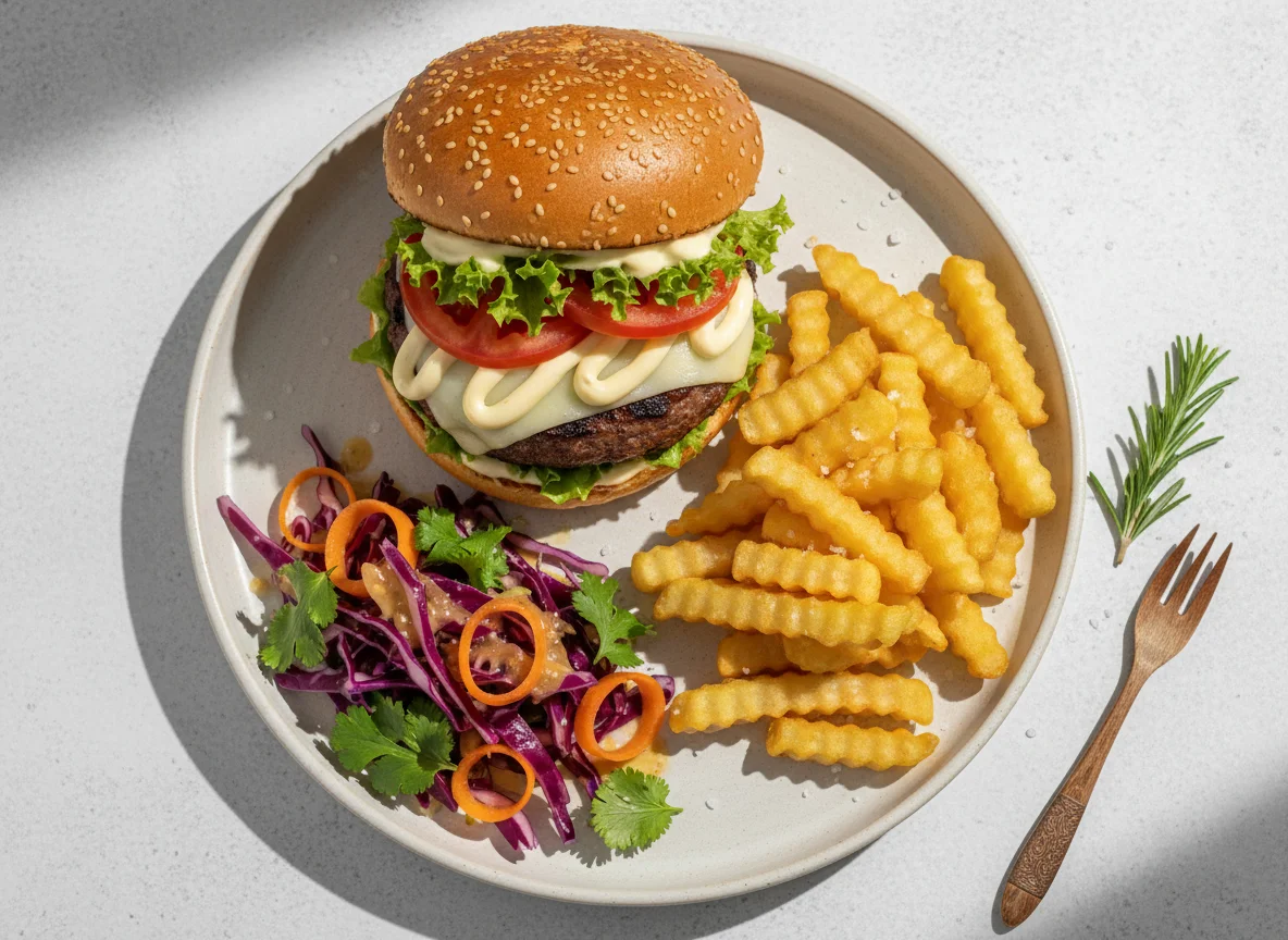 Burger with Fries and Side Salad photo