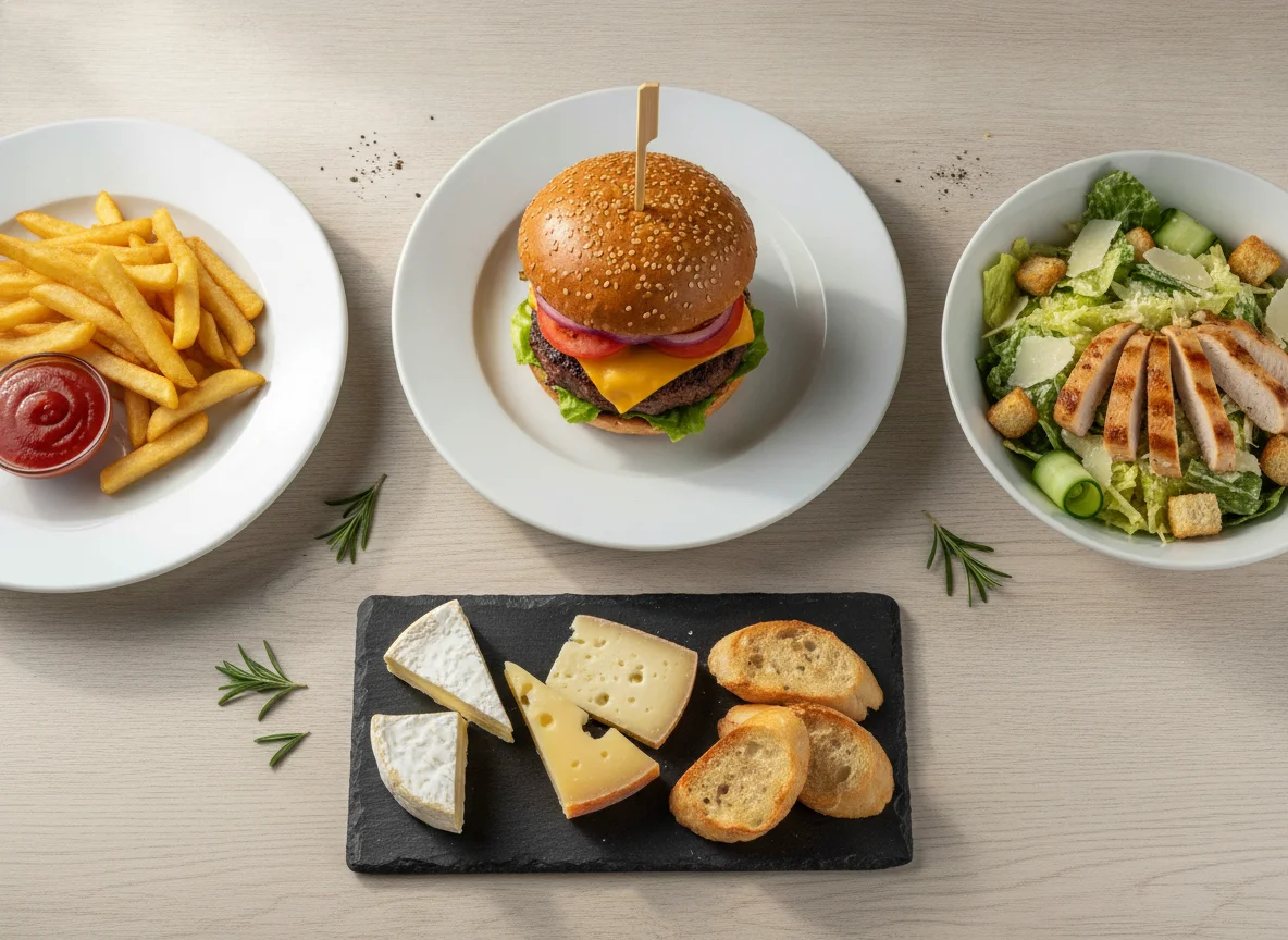 Burger with fries, Caesar salad and cheese platter photo