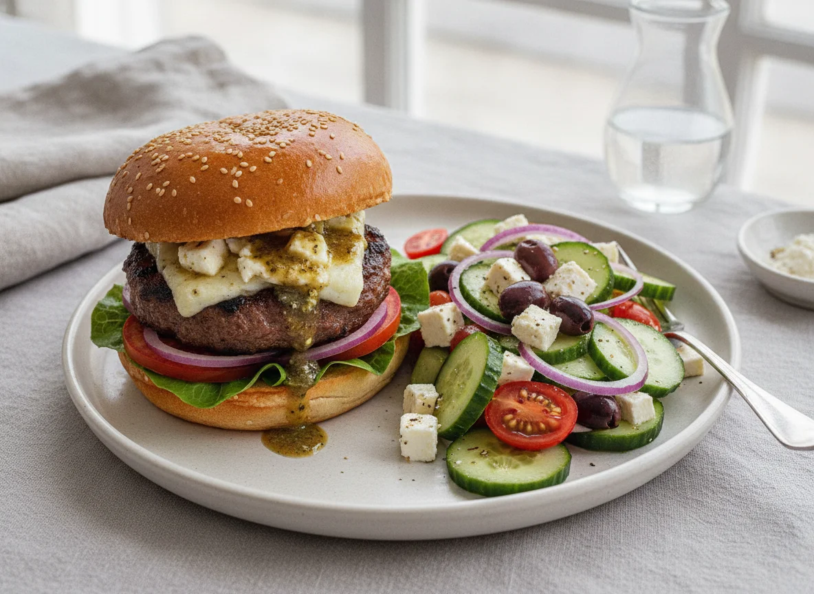 Burger with Greek Salad photo