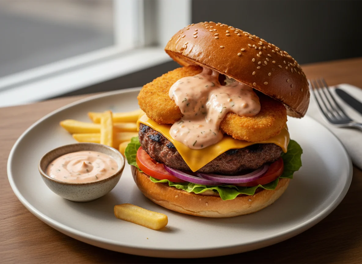Burger with nugget and sauce photo