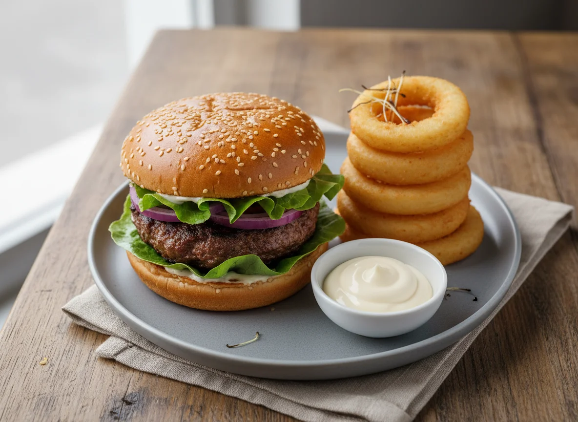 Burger with Onion Rings and Mayonnaise photo